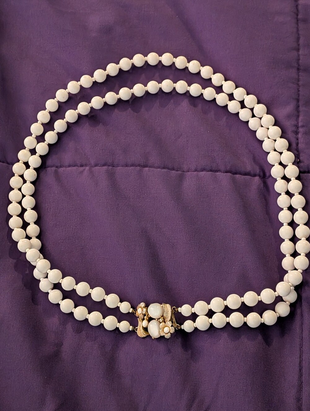 Vintage White Lucite Bead Necklace Double Strand Floral Cabochon Hook Clasp
